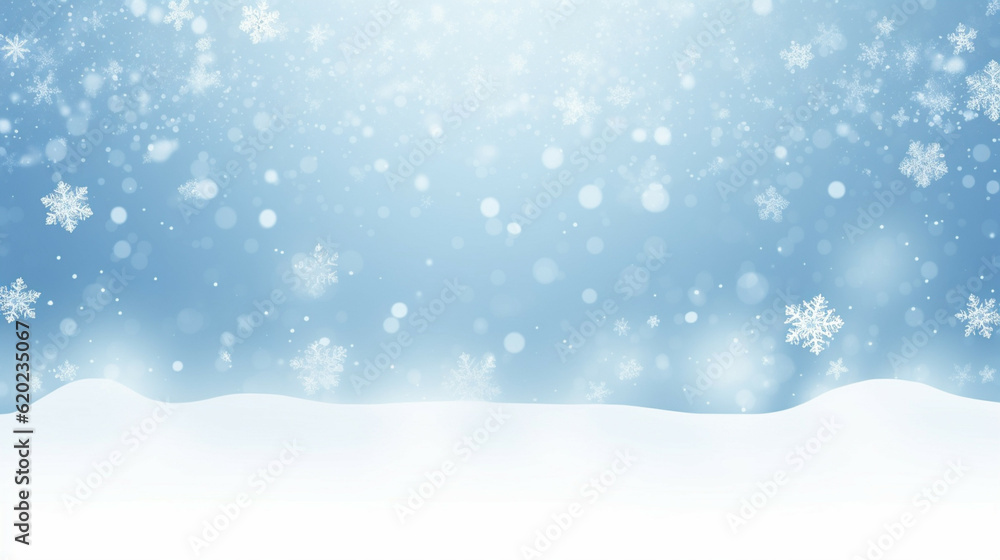 Winter background with snowflakes and bokeh.Winter background with pile of snow and snow falling background. Concept of copy space for text or image.