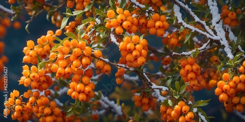 Green bushes with orange fruits on the branches, under the snow.