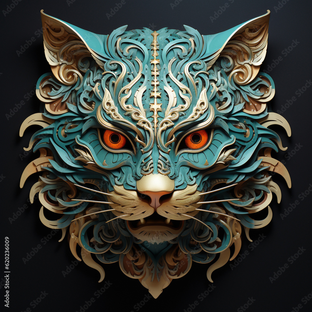 Katzenkopf, Relief, Türkis und Gold, Generative AI Katzenkopf, Relief, Türkis und Gold, Generative AI