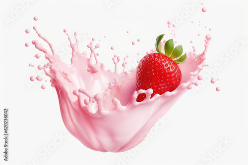 Close up of pink milk splash and ripe fresh red strawberries isolated on white background.  Copy space. Pink liquid in motion, milky strawberry shake. Generative AI 3d render illustration imitation.