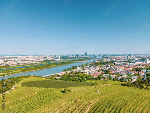 Photography Aerial drone view of Danube river in Vienna Austria cityscape with danube island