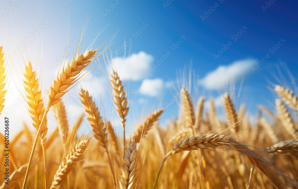 wheat spikes on wheat field against blue sky wheat spikes on wheat field against blue sky