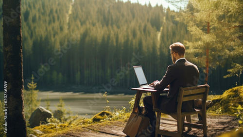 business man doing remote work with laptop on nature