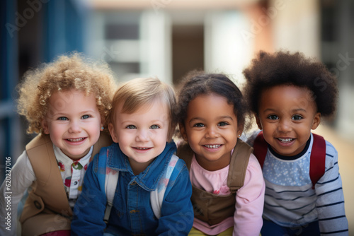 Mixed race of three happy toddlers sitting in the corridor of the nursery waiting to enter the classroom