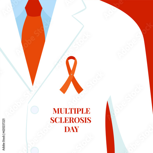 Multiple sclerosis awareness day poster background. Doctor with orange ribbon pin on white coat. Solidarity compain concept design. Healthcare support. Medical vector illustration.