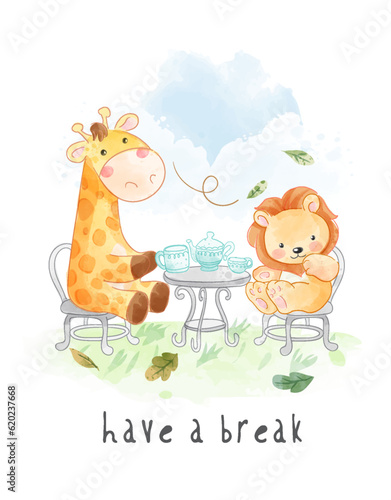 cute animal friends having afternoon tea illustration