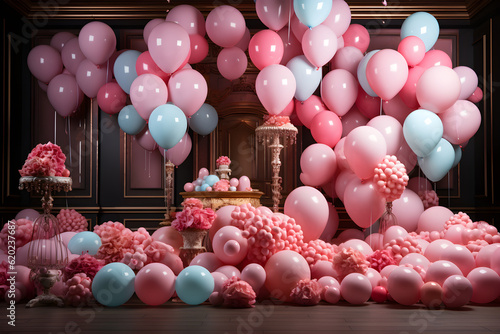 room full of pastel pink balloons, can be used for a studio photo backdrop