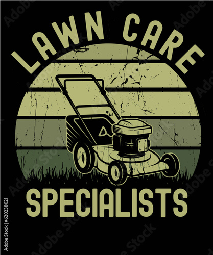 Green vintage sunset with lawn mower for gardener with the funny saying text Lawn Care Specialists