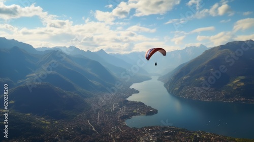 Illustration of a paraglider soaring above a vast expanse of water