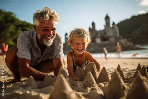 Memories in the Sand: Grandparent and Child Create Joyful Sandcastles on a Seaside Holiday, Filled with Love and Laughter 