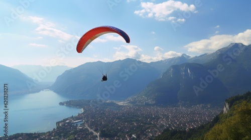 Illustration of a paraglider soaring above a vast expanse of water