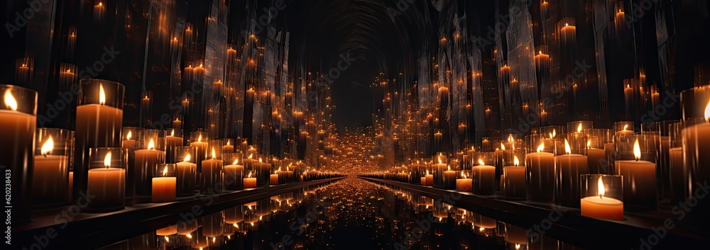 rows of lit candles in a dark background Generative AI