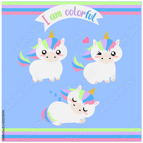 set de ilustraciones vectoriales de un tierno unicornio con colores pastel  en tres poses photo