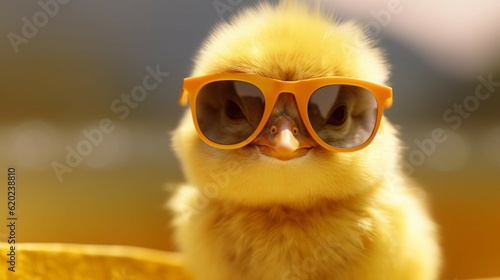 Sweet and funny baby chick wearing in fashion sunglass.Generative AI