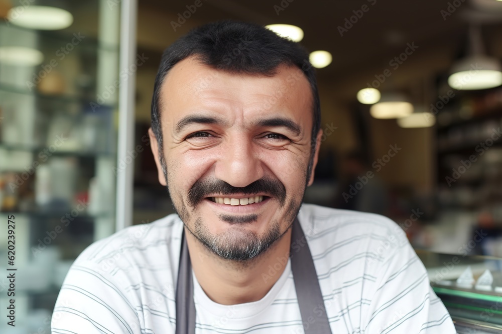 cafe owner portrait business happy shop job service occupation apron work barista employee coffee standing, created using generative AI technology cafe owner portrait business happy shop job service occupation apron work barista employee coffee standing, created using generative AI technology