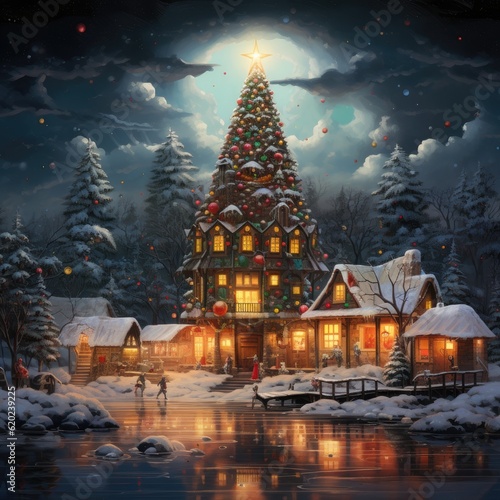 Wonderland winter christmas night. Houses xmas tree with snow. Generative AI