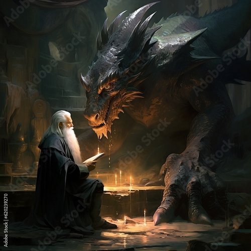 Captivating encounter between a majestic dragon and an aged wizard in a mystical realm.