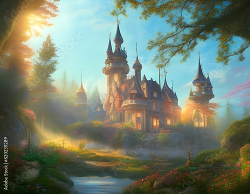 Beautiful fairy tale castle in the forest. Illustration AI generated