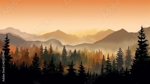 Illustration of a colorful sunset over a majestic mountain range