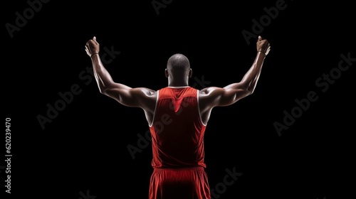 Illustration of a basketball player celebrating victory by raising his hands in a red uniform