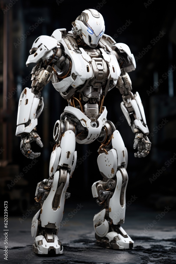 Figure of a combat android robot with glowing blue eyes and white protective elements, sci-fi illustration, AI generated image Figure of a combat android robot with glowing blue eyes and white protective elements, sci-fi illustration, AI generated image