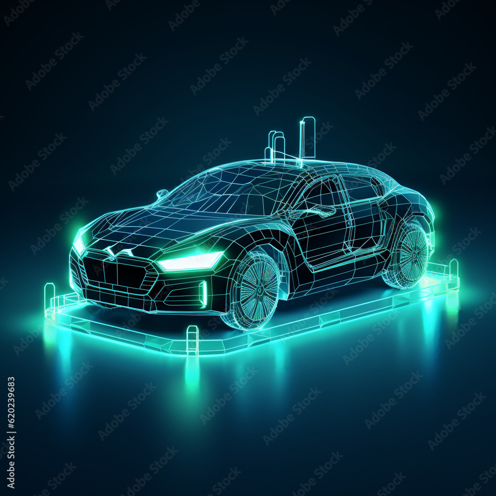 Eco-Friendly EV Car: Low Poly Design at Charging Station with Power Cable, Embracing Sustainable Energy Concept and Wireframe Light Connection Structure