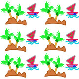 Sailboat in the sea, coconut trees, tropical foliage, vector images for tourism advertising, yacht charter discounts, travel agent representation, and paper-style sales.