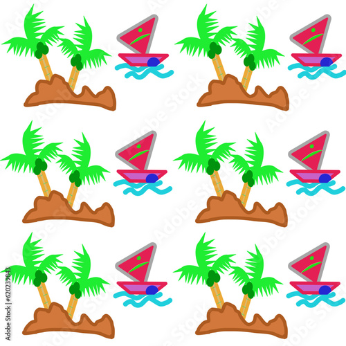 Sailboat in the sea, coconut trees, tropical foliage, vector images for tourism advertising, yacht charter discounts, travel agent representation, and paper-style sales.