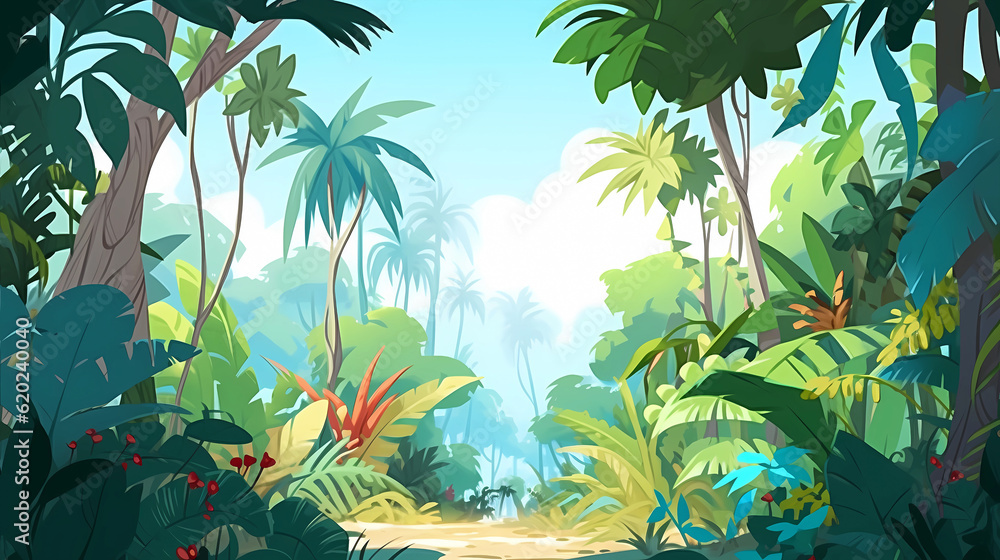 Hand drawn cartoon beautiful tropical rainforest landscape illustration
