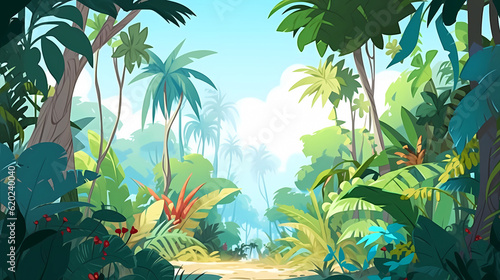 Hand drawn cartoon beautiful tropical rainforest landscape illustration 