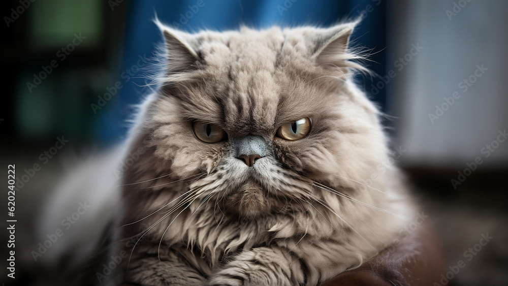 Grimmige Perser Katze mit putzigen bösen Blick Nahaufnahme, ai generativ 