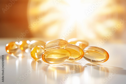 Omega 3, fish oil capsules, healthy lifestyle, close-up photo. Generative AI photo