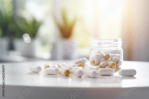 White medical capsules in a glass jar on a white table. Generative AI