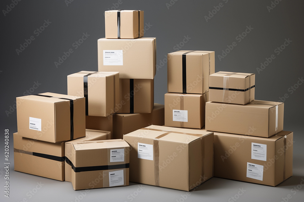Cardboard boxes with labels, stack package, isolated on grey background. Delivery by post. Generative AI Cardboard boxes with labels, stack package, isolated on grey background. Delivery by post. Generative AI