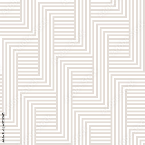 Vector geometric lines seamless pattern. Abstract graphic striped ornament. Simple geometrical beige and white quirky stripes, zigzag shapes. Modern linear background. Sport style repeat geo design