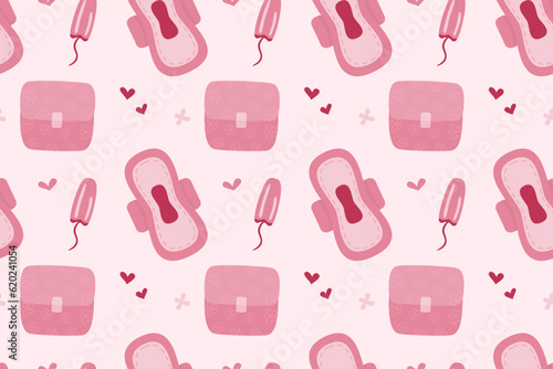 Pattern of feminine hygiene products. Menstrual pads, tampons in flat style.