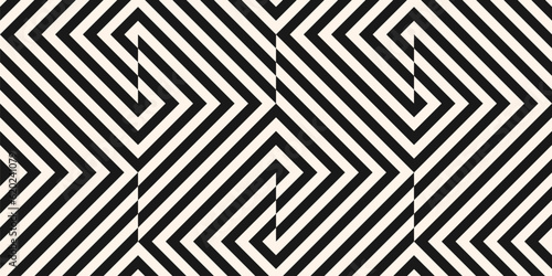 Vector geometric lines seamless pattern. Trendy monochrome texture with diagonal stripes, broken lines, chevron, zigzag, squares, tiles. Simple abstract geometry. Modern black and white geo background