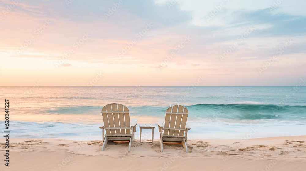 Beach chairs on the beach at sunrise. Light seaside background in neutral pastel colors. Generative AI Beach chairs on the beach at sunrise. Light seaside background in neutral pastel colors. Generative AI