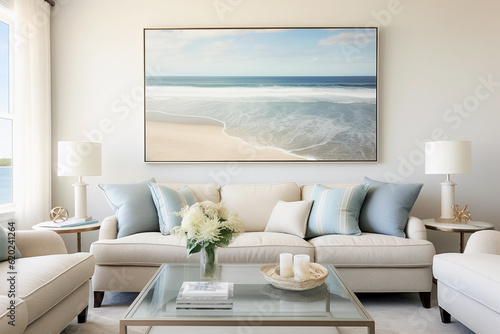 Bright minimalistic interior, contemporary design for living room with huge painting of the sea and beach on the wall. Generative AI
