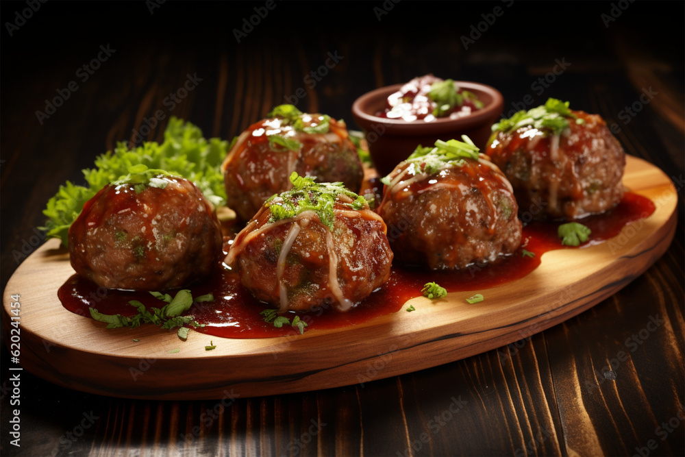 Pork meatballs on the wooden surface