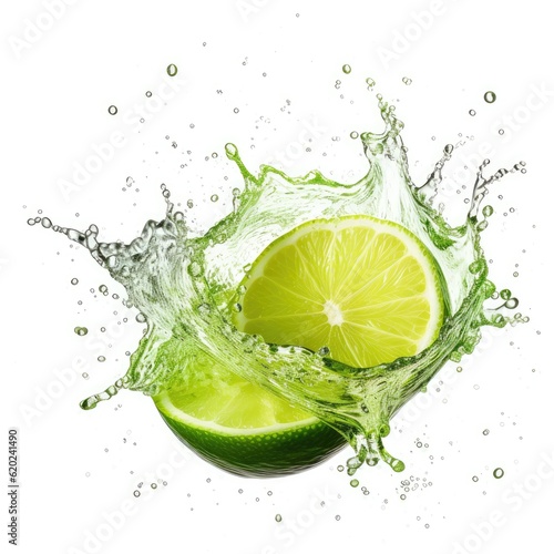 Fresh lime in water splash on white backround. Juicy fruit. Generative AI