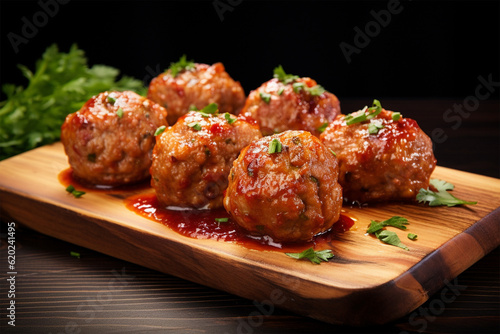 Pork meatballs on the wooden surface