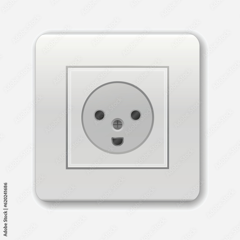 Realistic socket. Used in the Denmark and Greenland. Adapters. Isolated electrical equipment on wall. Type K. Vector multiple standards socket for plug Realistic socket. Used in the Denmark and Greenland. Adapters. Isolated electrical equipment on wall. Type K. Vector multiple standards socket for plug