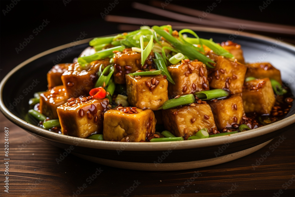 Tofu in teriyaki sauce with green onions chili peppers and sesame asian food vegetarian food healthy eating