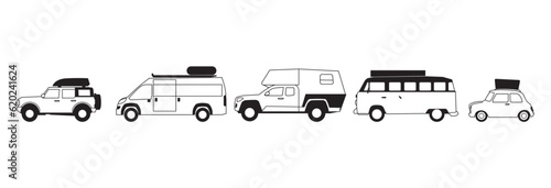black and white car vector line, car for jurney, vacation and road trip in summer. car icon vector design illustration for web, Linear car icons set. Universal icon to use in web and mobile UI,