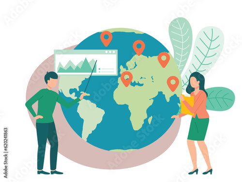 People standing near planet earth with geo marks. Characters work with global network and Internet, uses wireless connection, work together with world map for worldwide delivery, analyzing geolocation