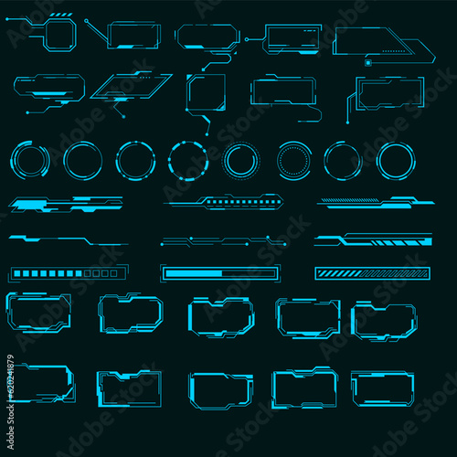Futuristic ui interface elements. Holographic hud user interface elements, hi-tech bars and frames. Hud interface icon vector illustration set. Circle and rectangle shape borders.