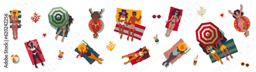 Set of vector illustrations isolated on a white background. Top view of people at the beach, chilling and sleeping. Having fun. Summer icons.