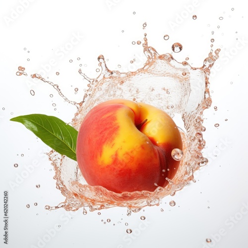 Fresh peach in water splash on white backround. Juicy fruit. Generative AI