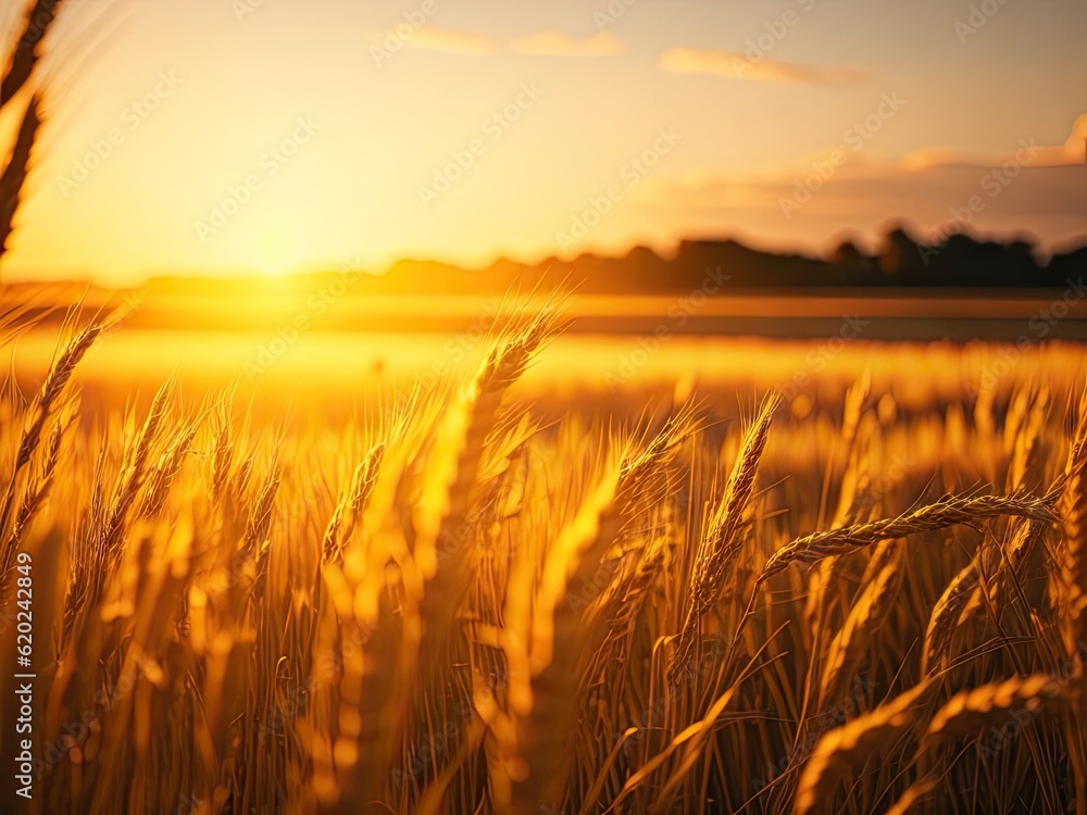 a field of ripe wheat at sunset. ai generative